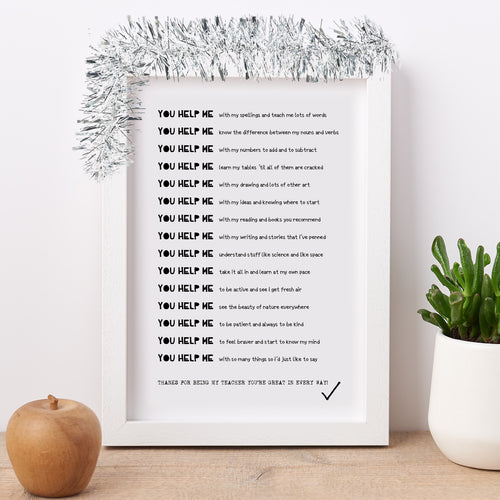 ' Thank You Teacher' Poem Print